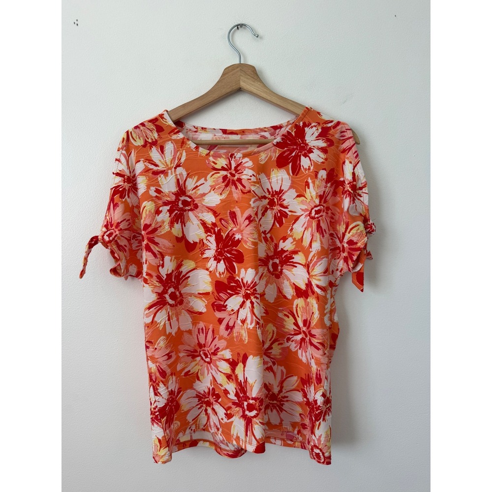 Delilah & Co Women's Orange Floral Open Shoulder Short Sleeve Top – Medium